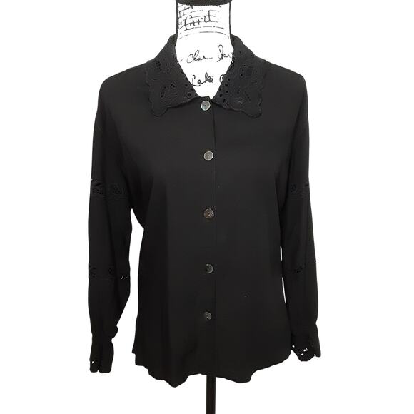 Vintage 80s Black Button Down Shirt Lace Collared Womens S Whimsy Goth Vampire - Picture 5 of 14